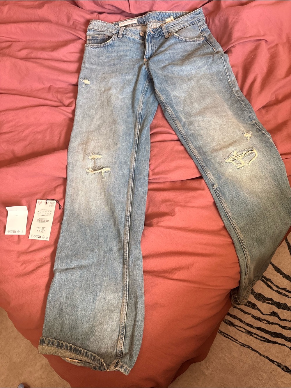 Zara Light Blue Distressed Wide-Leg Jeans